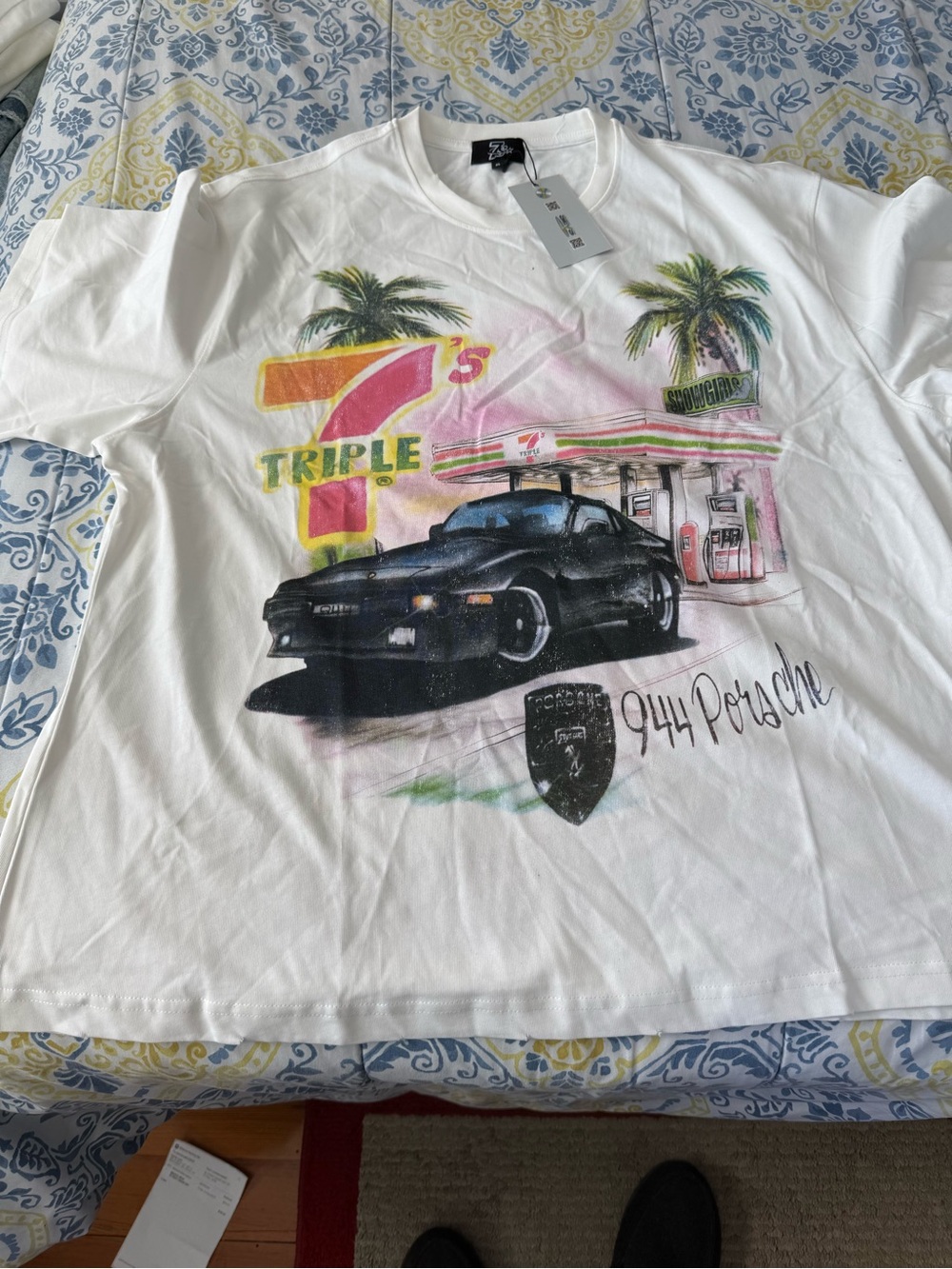 Triple 7 White Graphic Tee Black 944 Porsche and Retro Gas Station Print